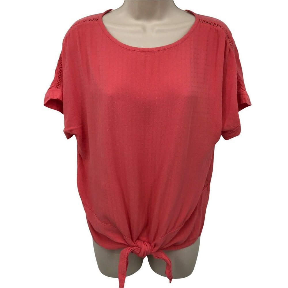 Buffalo David Bitton Womens Short Sleeves Knot Front Coral Pink Blouse Top Sz S